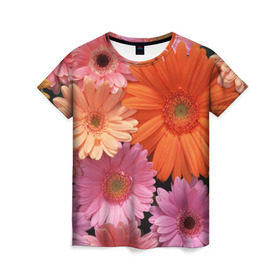Женская футболка 3D с принтом Цветы в Екатеринбурге, 100% полиэфир ( синтетическое хлопкоподобное полотно) | прямой крой, круглый вырез горловины, длина до линии бедер | букет | георгины | жёлтый | красота | полевые | розовый | ромашки | фиолетовый | хризантемы | цветы