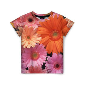 Детская футболка 3D с принтом Цветы в Екатеринбурге, 100% гипоаллергенный полиэфир | прямой крой, круглый вырез горловины, длина до линии бедер, чуть спущенное плечо, ткань немного тянется | Тематика изображения на принте: букет | георгины | жёлтый | красота | полевые | розовый | ромашки | фиолетовый | хризантемы | цветы