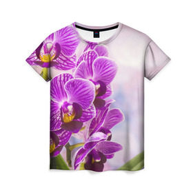Женская футболка 3D с принтом Божественная орхидея в Екатеринбурге, 100% полиэфир ( синтетическое хлопкоподобное полотно) | прямой крой, круглый вырез горловины, длина до линии бедер | 8 марта | букет | весна | красота | куст | лето | орхидея | подарок | сиреневый цвет | цветок | шикарный цветочек