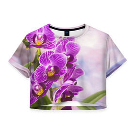 Женская футболка 3D укороченная с принтом Божественная орхидея в Екатеринбурге, 100% полиэстер | круглая горловина, длина футболки до линии талии, рукава с отворотами | Тематика изображения на принте: 8 марта | букет | весна | красота | куст | лето | орхидея | подарок | сиреневый цвет | цветок | шикарный цветочек