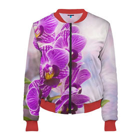 Женский бомбер 3D с принтом Божественная орхидея в Екатеринбурге, 100% полиэстер | застегивается на молнию, по бокам два кармана без застежек, мягкие манжеты, по низу бомбера и на воротнике — эластичная резинка | 8 марта | букет | весна | красота | куст | лето | орхидея | подарок | сиреневый цвет | цветок | шикарный цветочек