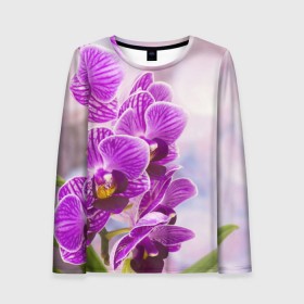 Женский лонгслив 3D с принтом Божественная орхидея в Екатеринбурге, 100% полиэстер | длинные рукава, круглый вырез горловины, полуприлегающий силуэт | 8 марта | букет | весна | красота | куст | лето | орхидея | подарок | сиреневый цвет | цветок | шикарный цветочек