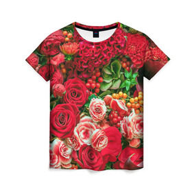 Женская футболка 3D с принтом Роскошный букет в Екатеринбурге, 100% полиэфир ( синтетическое хлопкоподобное полотно) | прямой крой, круглый вырез горловины, длина до линии бедер | 8 марта | блеск | гвоздики | красный | красота | невероятный | огромный букет | пёстрый | праздник | розы | роскошный | цветы | шикарный