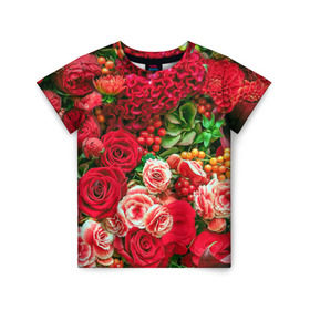 Детская футболка 3D с принтом Роскошный букет в Екатеринбурге, 100% гипоаллергенный полиэфир | прямой крой, круглый вырез горловины, длина до линии бедер, чуть спущенное плечо, ткань немного тянется | 8 марта | блеск | гвоздики | красный | красота | невероятный | огромный букет | пёстрый | праздник | розы | роскошный | цветы | шикарный
