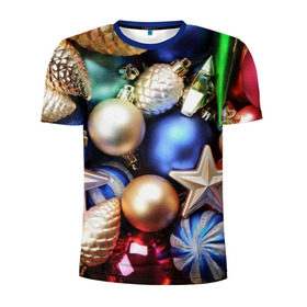 Мужская футболка 3D спортивная с принтом Игрушки на ёлку в Екатеринбурге, 100% полиэстер с улучшенными характеристиками | приталенный силуэт, круглая горловина, широкие плечи, сужается к линии бедра | новогодний | рождество | шарики