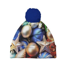 Шапка 3D c помпоном с принтом Игрушки на ёлку в Екатеринбурге, 100% полиэстер | универсальный размер, печать по всей поверхности изделия | новогодний | рождество | шарики