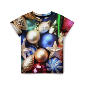 Детская футболка 3D с принтом Игрушки на ёлку в Екатеринбурге, 100% гипоаллергенный полиэфир | прямой крой, круглый вырез горловины, длина до линии бедер, чуть спущенное плечо, ткань немного тянется | новогодний | рождество | шарики