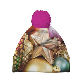 Шапка 3D c помпоном с принтом Игрушки с ёлки в Екатеринбурге, 100% полиэстер | универсальный размер, печать по всей поверхности изделия | новогодний | рождество | шарики