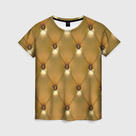 Женская футболка 3D с принтом Золотая обивка в Екатеринбурге, 100% полиэфир ( синтетическое хлопкоподобное полотно) | прямой крой, круглый вырез горловины, длина до линии бедер | диван | жёлтый | золотой цвет | кожа | кресло | материал | мягко | обивка | перетяжка | позолота | приятно | софа | стул