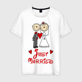 Мужская футболка хлопок с принтом Just married в Екатеринбурге, 100% хлопок | прямой крой, круглый вырез горловины, длина до линии бедер, слегка спущенное плечо. | just married | женат | замужем | молодожены | свадьба