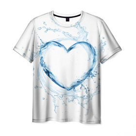 Мужская футболка 3D с принтом Водяное сердце в Екатеринбурге, 100% полиэфир | прямой крой, круглый вырез горловины, длина до линии бедер | Тематика изображения на принте: брызги | вода | жидкость | капли | кольцо | круг | сердце | синий
