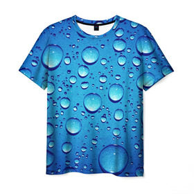 Мужская футболка 3D с принтом Капли воды в Екатеринбурге, 100% полиэфир | прямой крой, круглый вырез горловины, длина до линии бедер | вода | дождь | жидкость | капли | конденсат | роса | синий фон