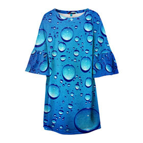 Детское платье 3D с принтом Капли воды в Екатеринбурге, 100% полиэстер | прямой силуэт, чуть расширенный к низу. Круглая горловина, на рукавах — воланы | вода | дождь | жидкость | капли | конденсат | роса | синий фон