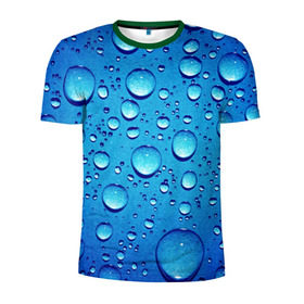 Мужская футболка 3D спортивная с принтом Капли воды в Екатеринбурге, 100% полиэстер с улучшенными характеристиками | приталенный силуэт, круглая горловина, широкие плечи, сужается к линии бедра | Тематика изображения на принте: вода | дождь | жидкость | капли | конденсат | роса | синий фон