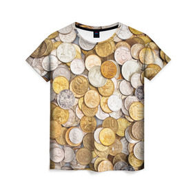 Женская футболка 3D с принтом Российские монетки в Екатеринбурге, 100% полиэфир ( синтетическое хлопкоподобное полотно) | прямой крой, круглый вырез горловины, длина до линии бедер | Тематика изображения на принте: money | валюта | деньги | копейка | лавэ | мелочёвка | мелочь | монетки | монеты | россия | рубль | филки