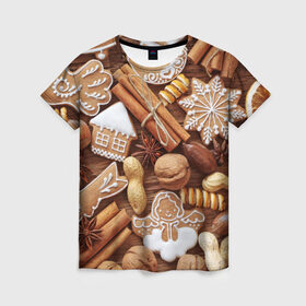 Женская футболка 3D с принтом Новогодние вкусняшки в Екатеринбурге, 100% полиэфир ( синтетическое хлопкоподобное полотно) | прямой крой, круглый вырез горловины, длина до линии бедер | Тематика изображения на принте: вкусняшки | конфеты | лакомство | леденцы | новый год | обжора | объедение | орешки | печенки | праздник | сладкоежка | сладости
