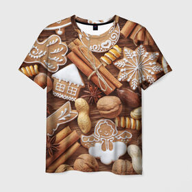 Мужская футболка 3D с принтом Новогодние вкусняшки в Екатеринбурге, 100% полиэфир | прямой крой, круглый вырез горловины, длина до линии бедер | Тематика изображения на принте: вкусняшки | конфеты | лакомство | леденцы | новый год | обжора | объедение | орешки | печенки | праздник | сладкоежка | сладости
