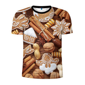 Мужская футболка 3D спортивная с принтом Новогодние вкусняшки в Екатеринбурге, 100% полиэстер с улучшенными характеристиками | приталенный силуэт, круглая горловина, широкие плечи, сужается к линии бедра | Тематика изображения на принте: вкусняшки | конфеты | лакомство | леденцы | новый год | обжора | объедение | орешки | печенки | праздник | сладкоежка | сладости