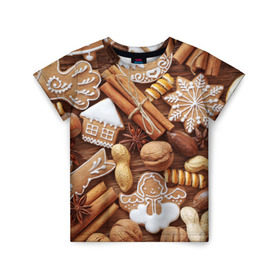 Детская футболка 3D с принтом Новогодние вкусняшки в Екатеринбурге, 100% гипоаллергенный полиэфир | прямой крой, круглый вырез горловины, длина до линии бедер, чуть спущенное плечо, ткань немного тянется | вкусняшки | конфеты | лакомство | леденцы | новый год | обжора | объедение | орешки | печенки | праздник | сладкоежка | сладости