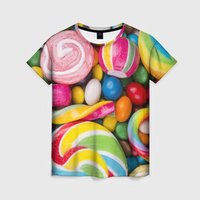Женская футболка 3D с принтом Вкусняшки в Екатеринбурге, 100% полиэфир ( синтетическое хлопкоподобное полотно) | прямой крой, круглый вырез горловины, длина до линии бедер | вкусняшки | драже | конфеты | лакомство | леденцы | мармелад | обжора | объедение | орешки | праздник | сладкоежка | сладости | шоколад