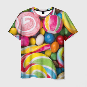 Мужская футболка 3D с принтом Вкусняшки в Екатеринбурге, 100% полиэфир | прямой крой, круглый вырез горловины, длина до линии бедер | вкусняшки | драже | конфеты | лакомство | леденцы | мармелад | обжора | объедение | орешки | праздник | сладкоежка | сладости | шоколад