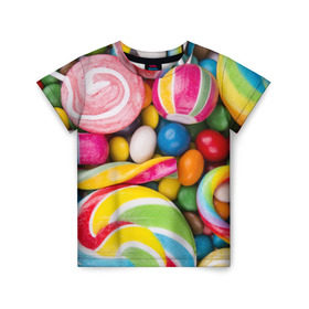 Детская футболка 3D с принтом Вкусняшки в Екатеринбурге, 100% гипоаллергенный полиэфир | прямой крой, круглый вырез горловины, длина до линии бедер, чуть спущенное плечо, ткань немного тянется | вкусняшки | драже | конфеты | лакомство | леденцы | мармелад | обжора | объедение | орешки | праздник | сладкоежка | сладости | шоколад