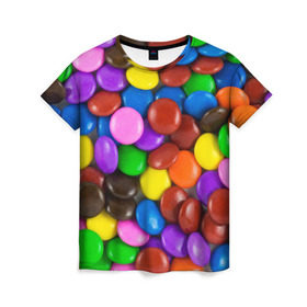 Женская футболка 3D с принтом Цветные конфетки в Екатеринбурге, 100% полиэфир ( синтетическое хлопкоподобное полотно) | прямой крой, круглый вырез горловины, длина до линии бедер | Тематика изображения на принте: вкусняшки | драже | конфеты | лакомство | сладости | шоколад