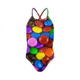 Детский купальник 3D с принтом Цветные конфетки в Екатеринбурге, Полиэстер 85%, Спандекс 15% | Слитный крой, подклад по переду изделия, узкие бретели | вкусняшки | драже | конфеты | лакомство | сладости | шоколад