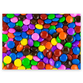 Поздравительная открытка с принтом Цветные конфетки в Екатеринбурге, 100% бумага | плотность бумаги 280 г/м2, матовая, на обратной стороне линовка и место для марки
 | Тематика изображения на принте: вкусняшки | драже | конфеты | лакомство | сладости | шоколад