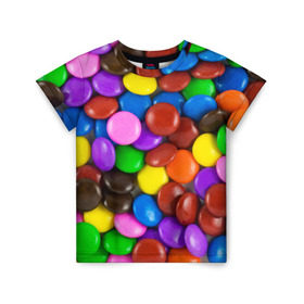 Детская футболка 3D с принтом Цветные конфетки в Екатеринбурге, 100% гипоаллергенный полиэфир | прямой крой, круглый вырез горловины, длина до линии бедер, чуть спущенное плечо, ткань немного тянется | вкусняшки | драже | конфеты | лакомство | сладости | шоколад