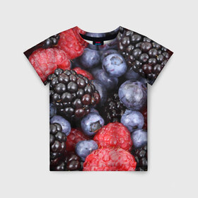 Детская футболка 3D с принтом Ягодки в Екатеринбурге, 100% гипоаллергенный полиэфир | прямой крой, круглый вырез горловины, длина до линии бедер, чуть спущенное плечо, ткань немного тянется | вкусно | голубика | дача | деревня | ежевика | клубника | малина | огород | полезно | сад | смородина | сок | фрукты | черника | ягоды