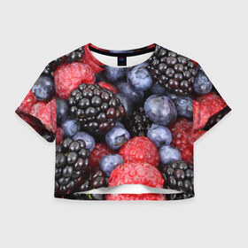 Женская футболка 3D укороченная с принтом Ягодки в Екатеринбурге, 100% полиэстер | круглая горловина, длина футболки до линии талии, рукава с отворотами | вкусно | голубика | дача | деревня | ежевика | клубника | малина | огород | полезно | сад | смородина | сок | фрукты | черника | ягоды