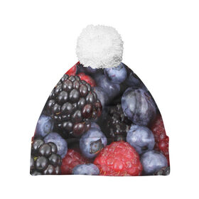 Шапка 3D c помпоном с принтом Ягодки в Екатеринбурге, 100% полиэстер | универсальный размер, печать по всей поверхности изделия | вкусно | голубика | дача | деревня | ежевика | клубника | малина | огород | полезно | сад | смородина | сок | фрукты | черника | ягоды
