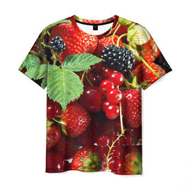 Мужская футболка 3D с принтом Любимые ягоды в Екатеринбурге, 100% полиэфир | прямой крой, круглый вырез горловины, длина до линии бедер | вкусно | голубика | дача | деревня | ежевика | зелень | клубника | малина | огород | полезно | сад | смородина | сок | фрукты | черника | шиповник | ягоды