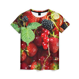 Женская футболка 3D с принтом Любимые ягоды в Екатеринбурге, 100% полиэфир ( синтетическое хлопкоподобное полотно) | прямой крой, круглый вырез горловины, длина до линии бедер | вкусно | голубика | дача | деревня | ежевика | зелень | клубника | малина | огород | полезно | сад | смородина | сок | фрукты | черника | шиповник | ягоды