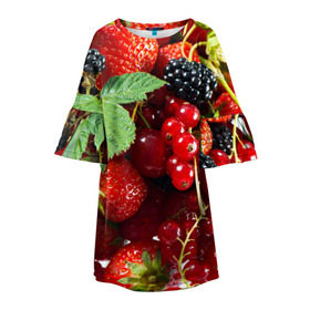 Детское платье 3D с принтом Любимые ягоды в Екатеринбурге, 100% полиэстер | прямой силуэт, чуть расширенный к низу. Круглая горловина, на рукавах — воланы | Тематика изображения на принте: вкусно | голубика | дача | деревня | ежевика | зелень | клубника | малина | огород | полезно | сад | смородина | сок | фрукты | черника | шиповник | ягоды