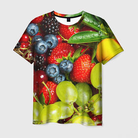 Мужская футболка 3D с принтом Вкусные ягоды в Екатеринбурге, 100% полиэфир | прямой крой, круглый вырез горловины, длина до линии бедер | виноград | вкусно | голубика | дача | деревня | ежевика | клубника | малина | огород | полезно | рябина | сад | смородина | сок | фрукты | черника | ягоды