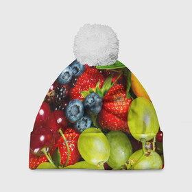 Шапка 3D c помпоном с принтом Вкусные ягоды в Екатеринбурге, 100% полиэстер | универсальный размер, печать по всей поверхности изделия | виноград | вкусно | голубика | дача | деревня | ежевика | клубника | малина | огород | полезно | рябина | сад | смородина | сок | фрукты | черника | ягоды