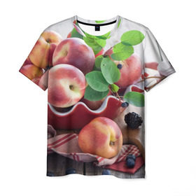 Мужская футболка 3D с принтом Персики в Екатеринбурге, 100% полиэфир | прямой крой, круглый вырез горловины, длина до линии бедер | Тематика изображения на принте: ваза | витамины | здоровье | лакомство | мёд | овощи | персики | сладости | тарелка | фрукты | черника | ягоды