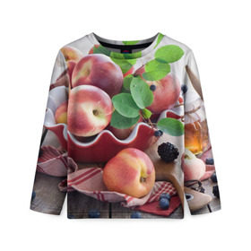Детский лонгслив 3D с принтом Персики в Екатеринбурге, 100% полиэстер | длинные рукава, круглый вырез горловины, полуприлегающий силуэт
 | ваза | витамины | здоровье | лакомство | мёд | овощи | персики | сладости | тарелка | фрукты | черника | ягоды