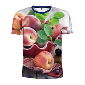 Мужская футболка 3D спортивная с принтом Персики в Екатеринбурге, 100% полиэстер с улучшенными характеристиками | приталенный силуэт, круглая горловина, широкие плечи, сужается к линии бедра | ваза | витамины | здоровье | лакомство | мёд | овощи | персики | сладости | тарелка | фрукты | черника | ягоды