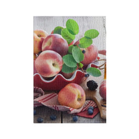 Обложка для паспорта матовая кожа с принтом Персики в Екатеринбурге, натуральная матовая кожа | размер 19,3 х 13,7 см; прозрачные пластиковые крепления | ваза | витамины | здоровье | лакомство | мёд | овощи | персики | сладости | тарелка | фрукты | черника | ягоды