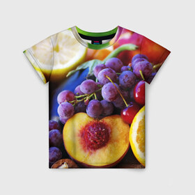 Детская футболка 3D с принтом Спелые фрукты в Екатеринбурге, 100% гипоаллергенный полиэфир | прямой крой, круглый вырез горловины, длина до линии бедер, чуть спущенное плечо, ткань немного тянется | Тематика изображения на принте: абрикос | алыча | апельсин | бодрость | веган | виноград | витамины | груша | диета | еда | здоровье | лайм | лимон | молодость | нектар | овощи | персик | питание | польза | сок | фрукты | яблоко | ягоды