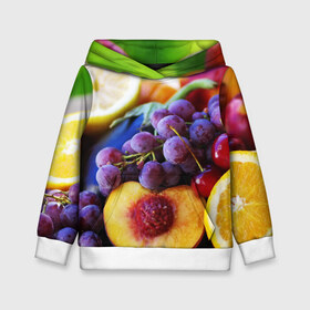 Детская толстовка 3D с принтом Спелые фрукты в Екатеринбурге, 100% полиэстер | двухслойный капюшон со шнурком для регулировки, мягкие манжеты на рукавах и по низу толстовки, спереди карман-кенгуру с мягким внутренним слоем | абрикос | алыча | апельсин | бодрость | веган | виноград | витамины | груша | диета | еда | здоровье | лайм | лимон | молодость | нектар | овощи | персик | питание | польза | сок | фрукты | яблоко | ягоды