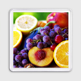 Магнит 55*55 с принтом Спелые фрукты в Екатеринбурге, Пластик | Размер: 65*65 мм; Размер печати: 55*55 мм | абрикос | алыча | апельсин | бодрость | веган | виноград | витамины | груша | диета | еда | здоровье | лайм | лимон | молодость | нектар | овощи | персик | питание | польза | сок | фрукты | яблоко | ягоды
