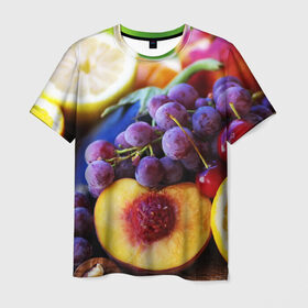 Мужская футболка 3D с принтом Спелые фрукты в Екатеринбурге, 100% полиэфир | прямой крой, круглый вырез горловины, длина до линии бедер | абрикос | алыча | апельсин | бодрость | веган | виноград | витамины | груша | диета | еда | здоровье | лайм | лимон | молодость | нектар | овощи | персик | питание | польза | сок | фрукты | яблоко | ягоды
