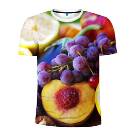 Мужская футболка 3D спортивная с принтом Спелые фрукты в Екатеринбурге, 100% полиэстер с улучшенными характеристиками | приталенный силуэт, круглая горловина, широкие плечи, сужается к линии бедра | абрикос | алыча | апельсин | бодрость | веган | виноград | витамины | груша | диета | еда | здоровье | лайм | лимон | молодость | нектар | овощи | персик | питание | польза | сок | фрукты | яблоко | ягоды