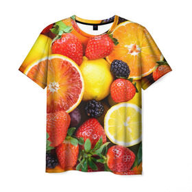 Мужская футболка 3D с принтом Ягоды и фрукты в Екатеринбурге, 100% полиэфир | прямой крой, круглый вырез горловины, длина до линии бедер | Тематика изображения на принте: абрикос | алыча | апельсин | бодрость | веган | виноград | витамины | груша | диета | еда | здоровье | клубника | лайм | лимон | малина | молодость | нектар | овощи | персик | питание | польза | смородина