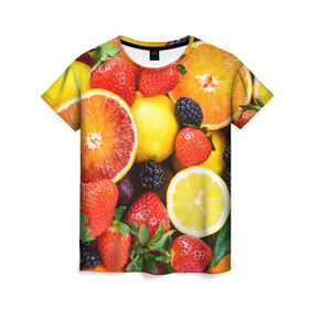 Женская футболка 3D с принтом Ягоды и фрукты в Екатеринбурге, 100% полиэфир ( синтетическое хлопкоподобное полотно) | прямой крой, круглый вырез горловины, длина до линии бедер | абрикос | алыча | апельсин | бодрость | веган | виноград | витамины | груша | диета | еда | здоровье | клубника | лайм | лимон | малина | молодость | нектар | овощи | персик | питание | польза | смородина