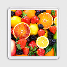 Магнит 55*55 с принтом Ягоды и фрукты в Екатеринбурге, Пластик | Размер: 65*65 мм; Размер печати: 55*55 мм | абрикос | алыча | апельсин | бодрость | веган | виноград | витамины | груша | диета | еда | здоровье | клубника | лайм | лимон | малина | молодость | нектар | овощи | персик | питание | польза | смородина